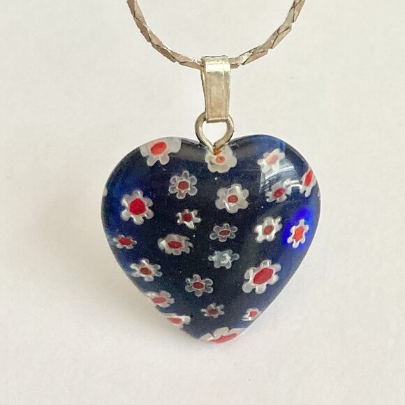 Blue Murano Glass Heart Necklace Millefiori Flowers Vintage Silver Plated 18" - Picture 2 of 10